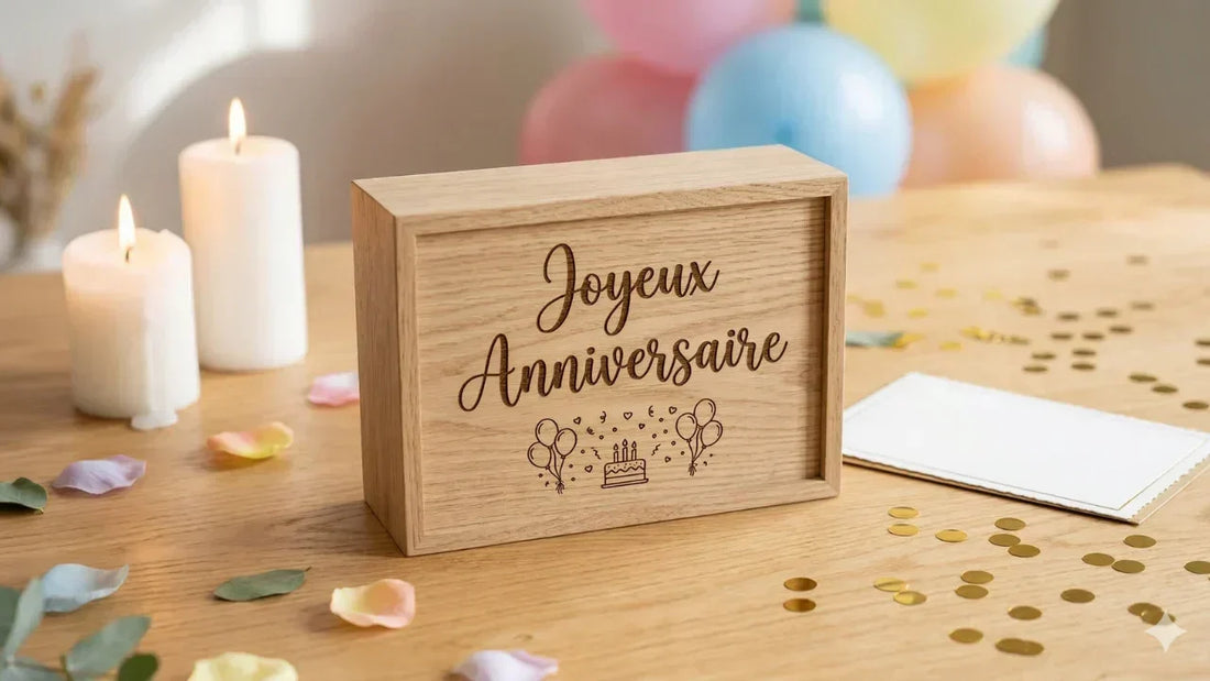 Boîte bois chêne naturel gravée au laser avec message "Joyeux Anniversaire" en  cursive élégante, posée sur surface bois clair avec bougies blanches et confettis  dorés autour - cadeau anniversaire personnalisé Les Bois d'Alba