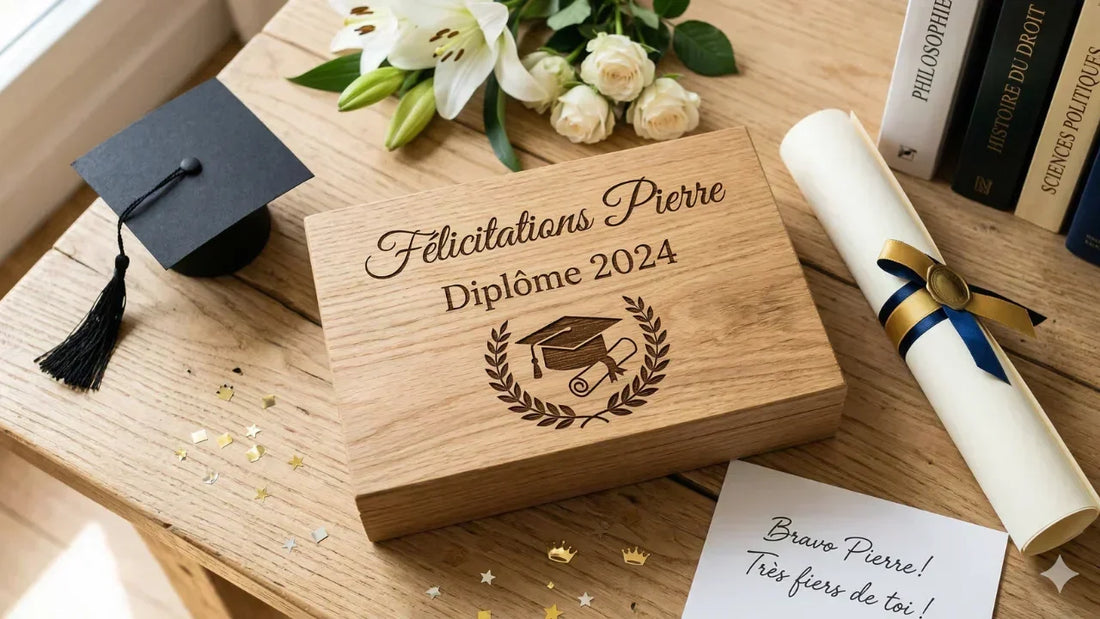 Boîte bois chêne naturel gravée au laser avec message "Félicitations" et "Diplôme  [Année]" en cursive élégante, posée sur surface bois clair avec chapeau de  graduation, diplôme roulé et fleurs autour - cadeau graduation personnalisé  Les Bois d'Alba