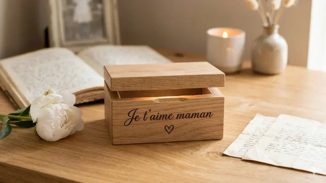 Petite boîte en bois chêne naturel gravée au laser avec le message "Je t'aime maman"  en cursive élégante, posée sur surface bois clair avec fleur blanche et lettres  anciennes autour - cadeau personnalisé Fête des Mères Les Bois d'Alba