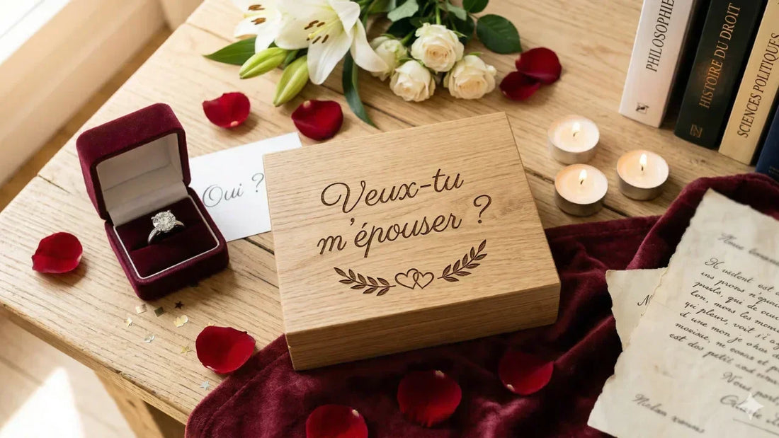 Boîte bois chêne naturel gravée au laser avec message "Veux-tu m'épouser ?"  en cursive élégante romantique, posée délicatement avec bague bague diamant,  roses rouges, cœurs et lumière tamisée dorée - demande en mariage personnalisée  Les Bois d'Alba