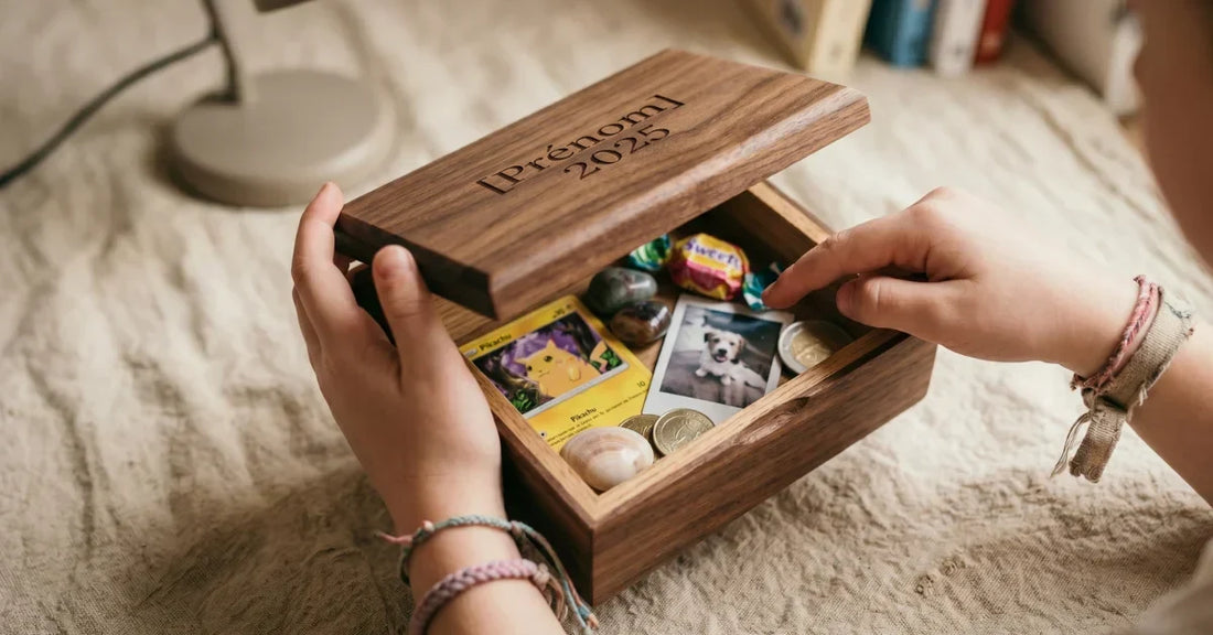 Boîte bois gravée enfant ouverte, contenant petits trésors intimes enfant, mains jeunes tenant délicatement la boîte avec fierté