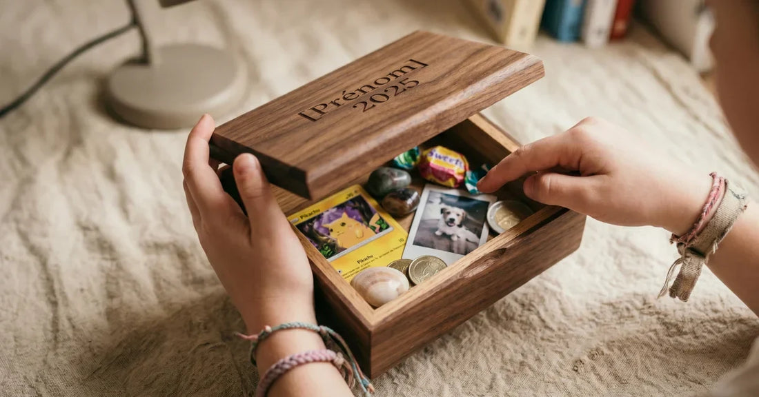 Boîte bois gravée enfant ouverte, contenant petits trésors intimes enfant, mains jeunes tenant délicatement la boîte avec fierté