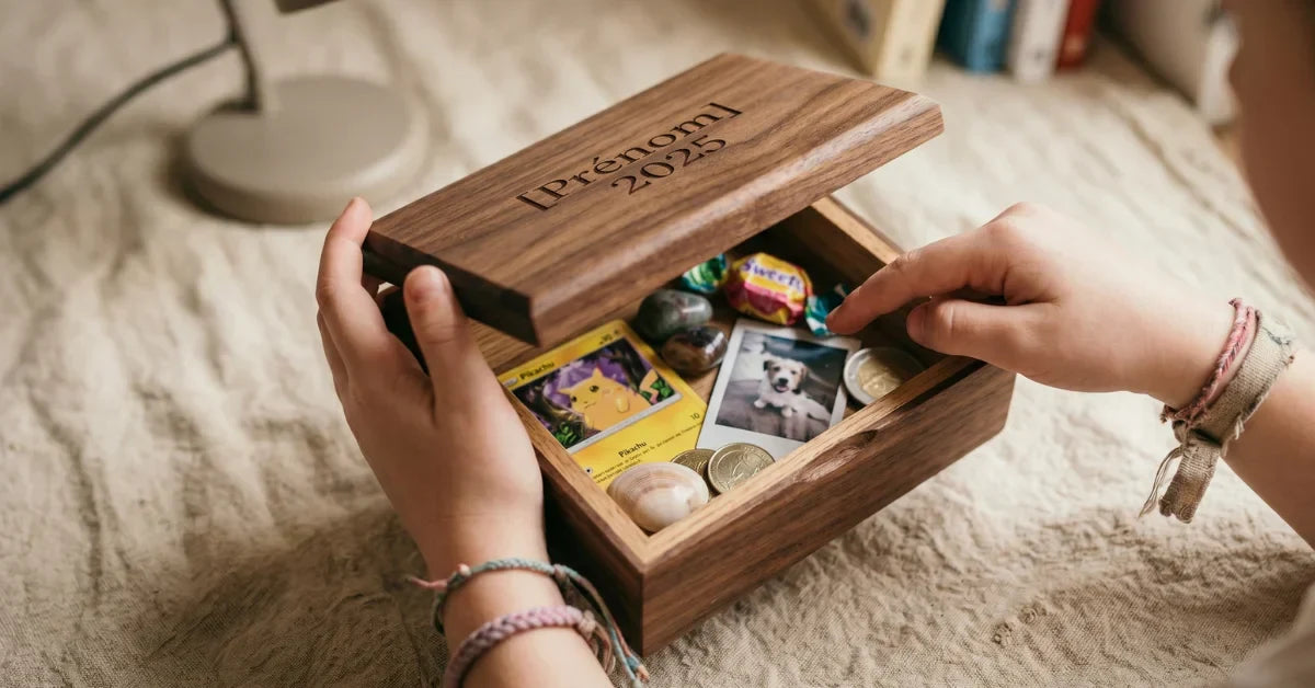 Boîte bois gravée enfant ouverte, contenant petits trésors intimes enfant, mains jeunes tenant délicatement la boîte avec fierté