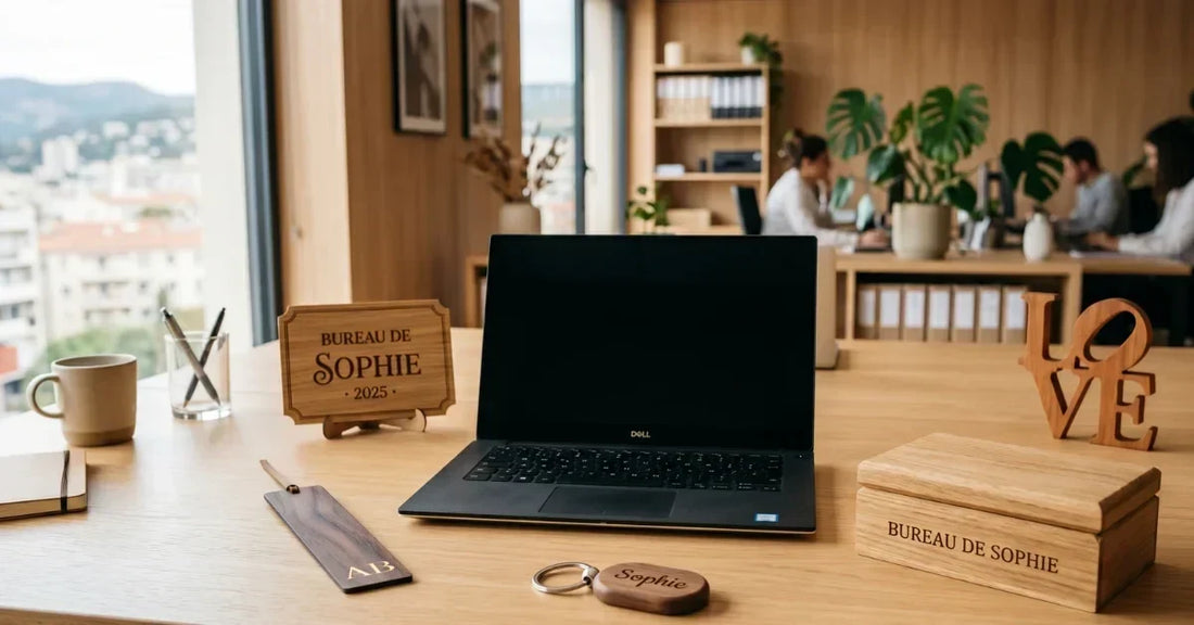 Collection de 5 cadeaux en bois gravé pour collègue : marque-page, porte-clés, boîte, plaque, LOVE, disposés artistiquement sur bureau
