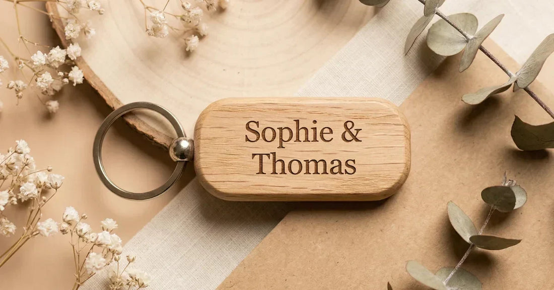 Porte-clés en bois massif gravé personnalisé avec deux prénoms, symbole  d'amitié durable, entouré de fleurs séchées et papier kraft, palette  couleurs chaudes, ambiance artisanale et authentique.