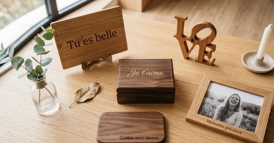 5 cadeaux bois gravé pour femme : boîte je t'aime, planche à découper, miroir, LOVE, cadre photo, arrangés dans intérieur féminin chaud