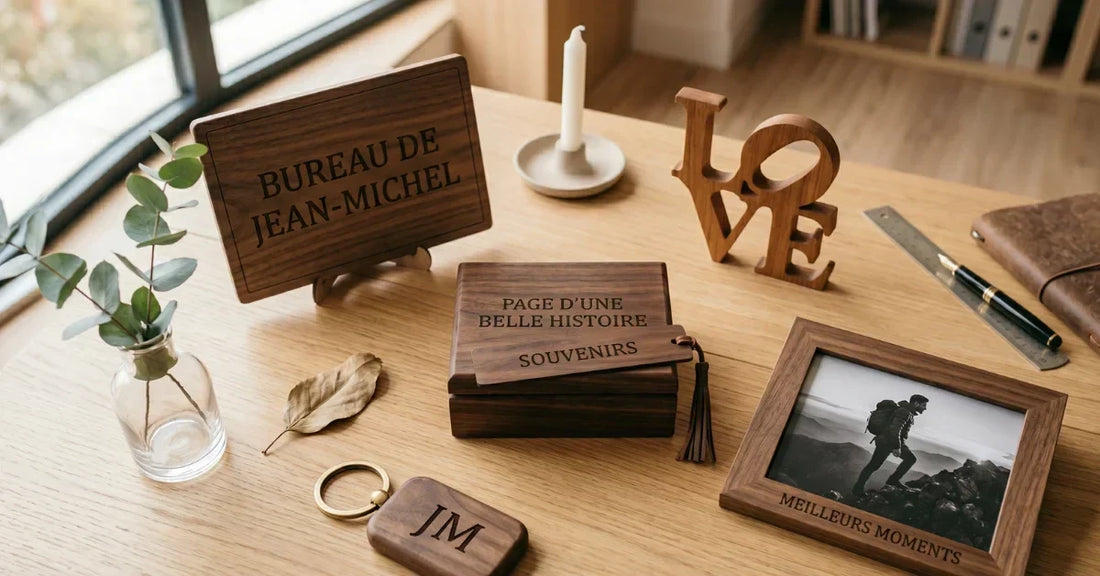 Collection de 5 cadeaux bois gravé pour homme : porte-clés, boîte bureau, marque-page, plaque, cadre photo, sur table travail bois massif