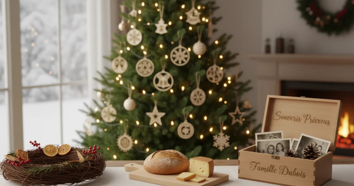 Cadeaux de Noël personnalisés en bois gravé – ornements, planche à découper, boîte souvenir et décoration artisanale