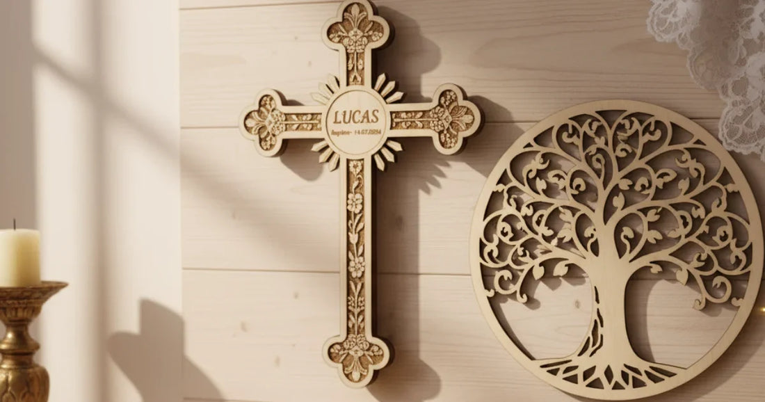 Idées de cadeaux de baptême en bois gravé – croix murale, arbre de vie, porte-photos et objets personnalisés artisanaux