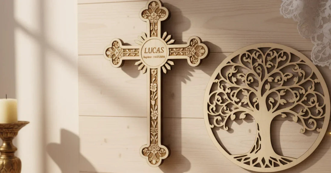 Idées de cadeaux de baptême en bois gravé – croix murale, arbre de vie, porte-photos et objets personnalisés artisanaux