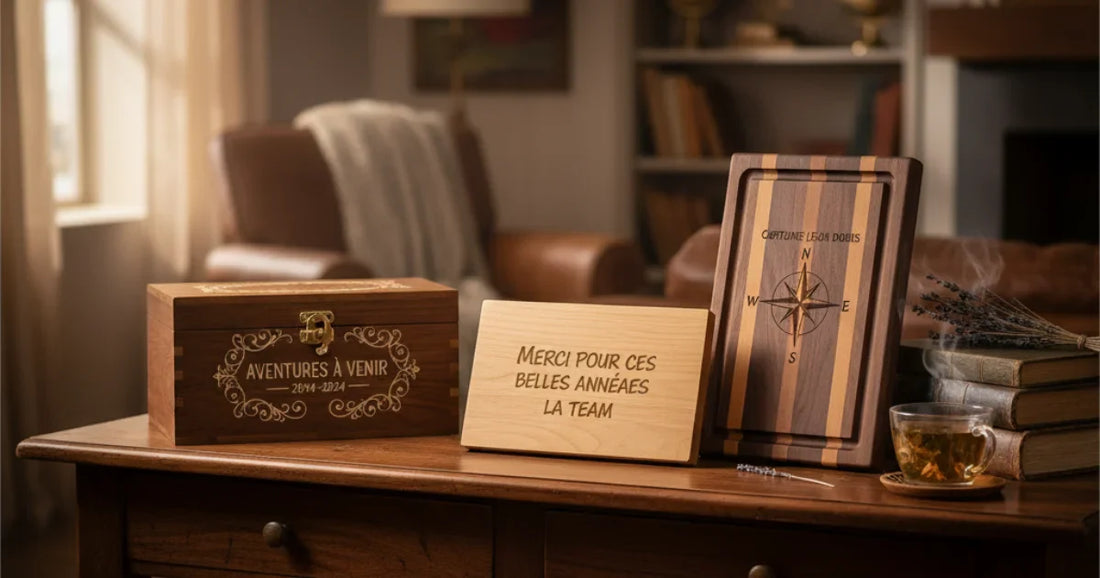 Idées de cadeaux personnalisés en bois gravé pour un départ à la retraite – coffret souvenir, planche gravée, plaque hommage