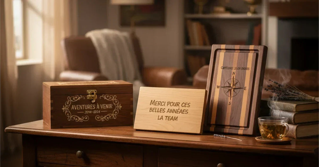 Idées de cadeaux personnalisés en bois gravé pour un départ à la retraite – coffret souvenir, planche gravée, plaque hommage