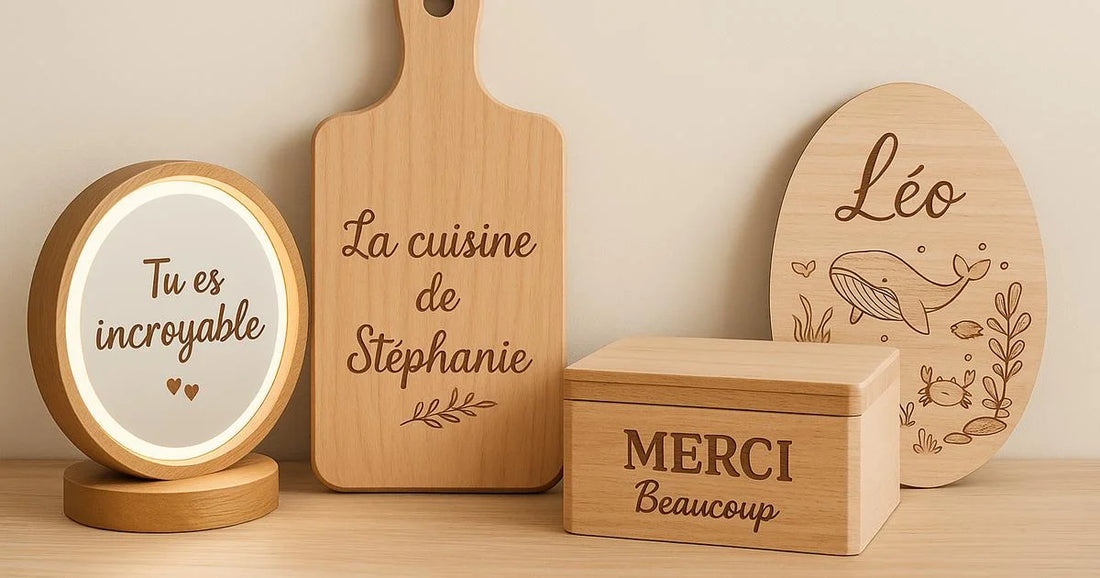 Miroir rétroéclairé avec cadre bois massif gravé, entouré d'objets de  décoration intérieure : plaque murale bois, cadre photo, boîte souvenirs,  planche murale gravée, salle de bain élégante, palette couleurs chaudes  naturelles, style artisanal.