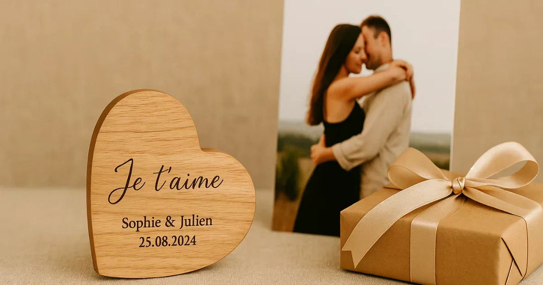 Comparaison visuelle : à gauche cadeau classique oublié, à droite cadeau en  bois gravé avec prénom personnalisé précieusement conservé, boîte souvenir,  deux histoires différentes, bois authentique artisanal, connexion émotionnelle  visible.
