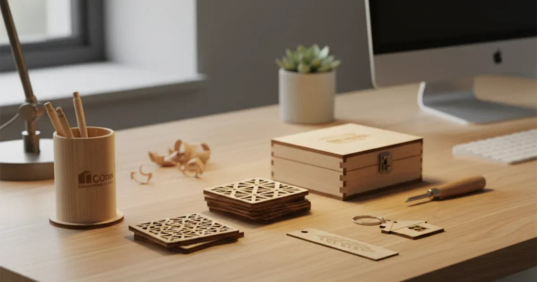 Collection cadeaux d'entreprise bois gravé : porte-stylo, plaque bureau,  porte-clés avec logo gravé au laser, sous-verres personnalisés, coffret  professionnel, bureau exécutif, branding d'affaires, ambiance professionnelle  élégante.