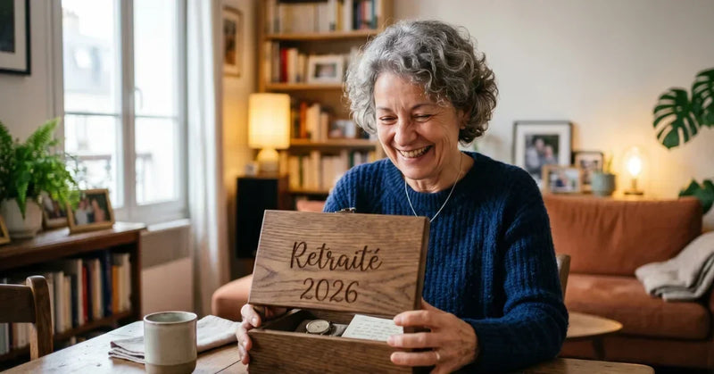 Personne retraite découvrant cadeaux bois gravé nouveau chapitre, sourire apaisé authentique, transition vers liberté et nouveau départ