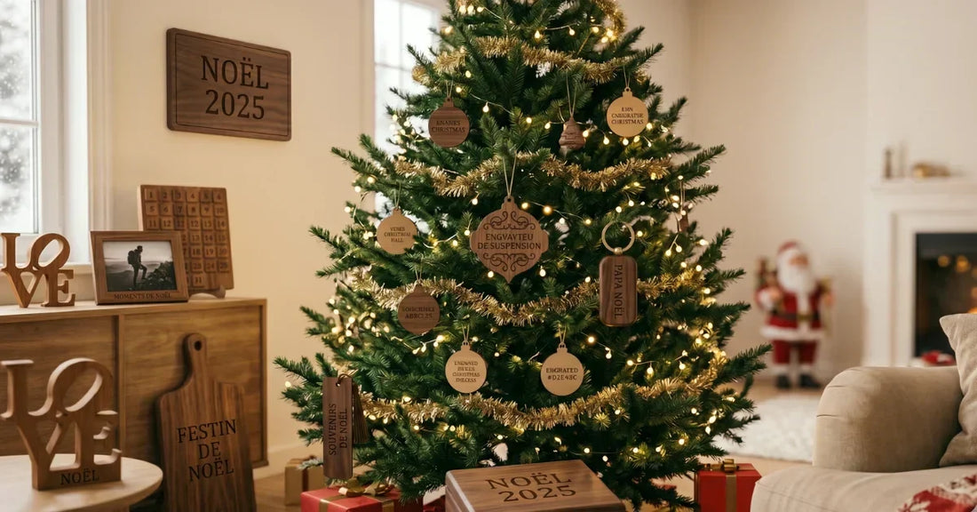 Sapin Noël décoré avec 10 cadeaux bois gravé : boules de Noël gravées, suspensions, boîte, cadre photo, décoration LOVE, dans intérieur chaleureux avec guirlandes