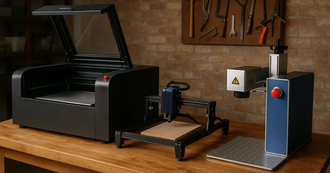 Trois machines de gravure laser (CO2, diode et fibre) posées sur un établi en bois dans un atelier artisanal chaleureux.