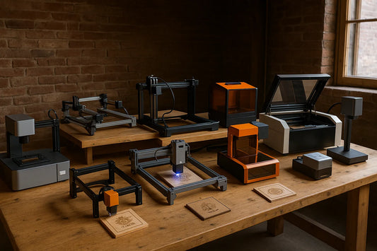 Vue d’ensemble de plusieurs graveurs laser professionnels et compacts alignés sur un établi dans un atelier en bois, éclairé naturellement.