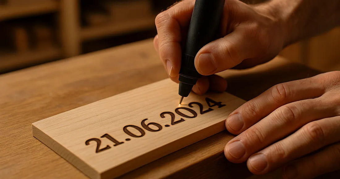Main d’artisan gravant une date symbolique sur une pièce de bois clair dans un atelier chaleureux.