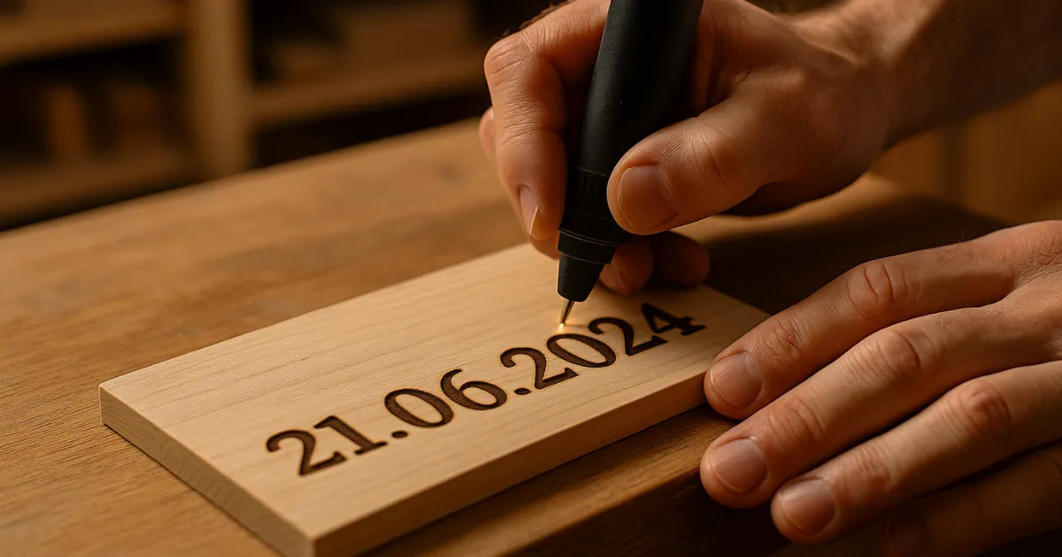 Main d’artisan gravant une date symbolique sur une pièce de bois clair dans un atelier chaleureux.