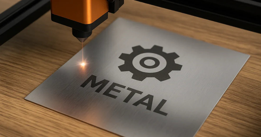 Gravure laser en cours sur une plaque de métal dans un atelier, illustrant les premiers essais d’un artisan avec une machine diode
