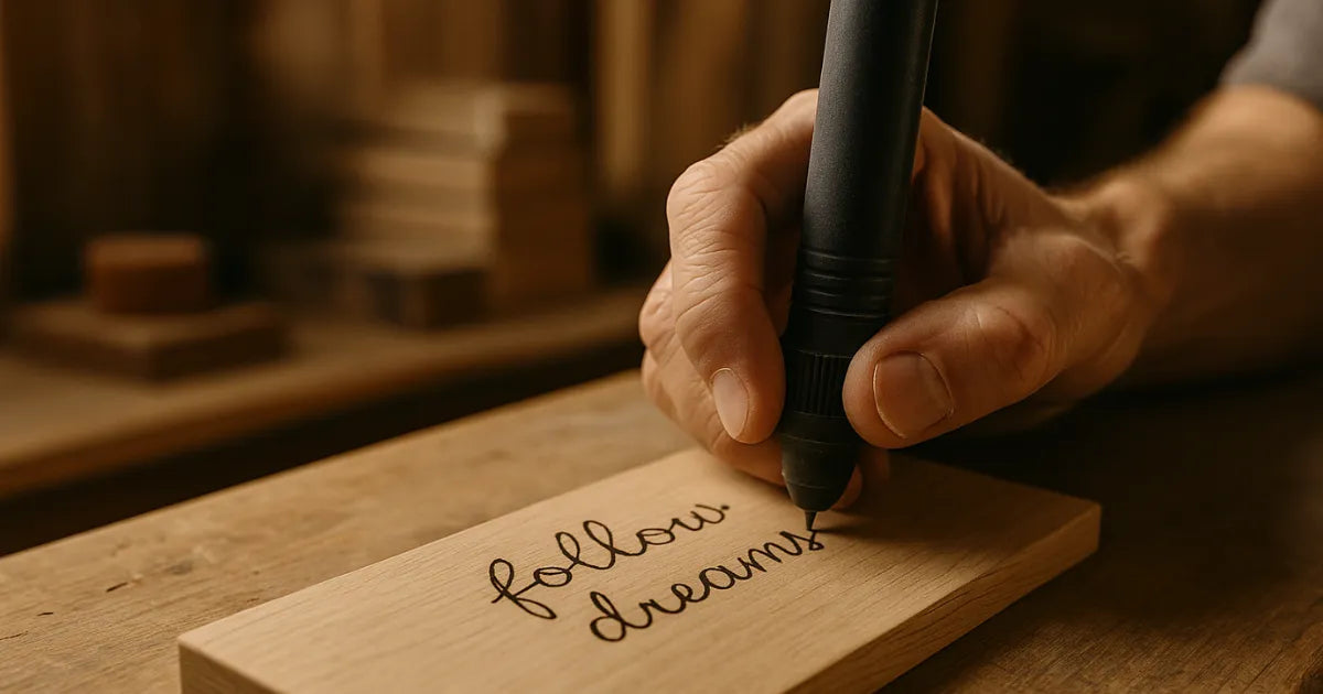 Plan rapproché d’une main gravant une pièce de bois avec une citation personnalisée, dans un atelier chaleureux.