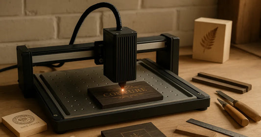 Atelier artisanal avec machine de gravure laser en fonctionnement, pièces gravées en bois et outils posés sur un établi en bois clair.