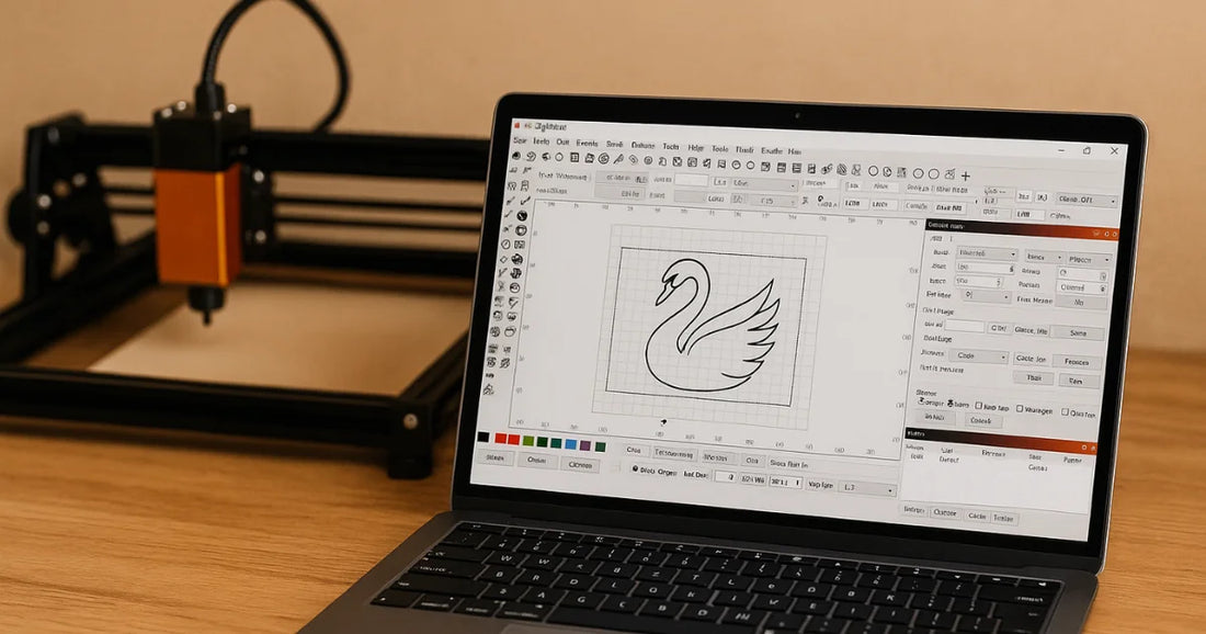 Interface du logiciel LightBurn affichée sur un ordinateur portable, avec une machine de gravure laser en arrière-plan sur un bureau en bois.