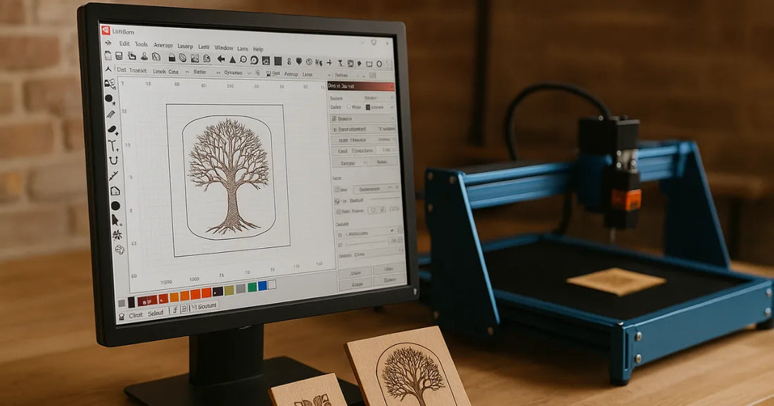 Écran d’ordinateur affichant un logiciel de gravure laser, avec machine et pièces en bois gravées en arrière-plan dans un atelier artisanal.