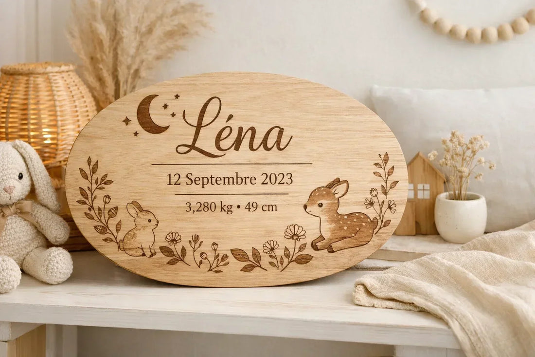 Plaque de naissance en bois personnalisée avec prénom, date et informations de naissance – idée cadeau bébé original
