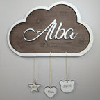 Décoration murale nuage en bois personnalisée avec prénom et informations de naissance de bébé