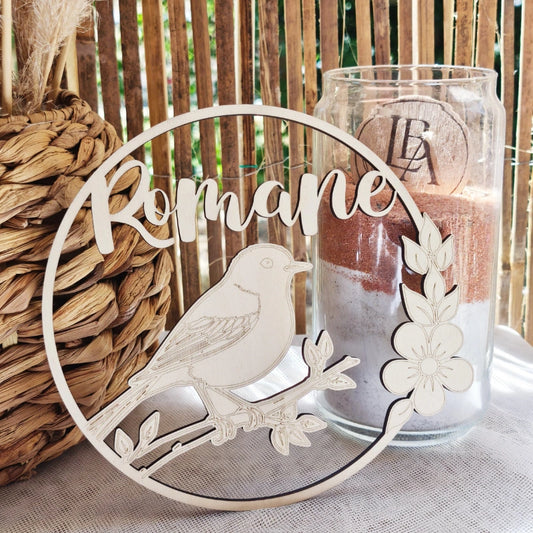 Plaque de Porte en Bois Personnalisée – Prénom & Oiseau | Déco Bébé Poétique