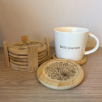 Set de dessous de verre en bambou avec motif feuilles gravé, avec support