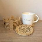 Set de dessous de verre en bambou gravés avec motifs animaux, support et tasse