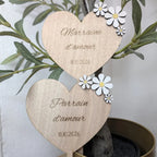 Cœurs Marraine et Parrain personnalisés en bois décorés de marguerites