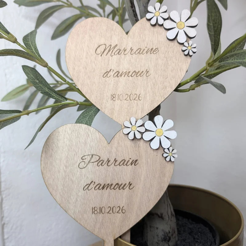 Cœurs Marraine et Parrain personnalisés en bois décorés de marguerites