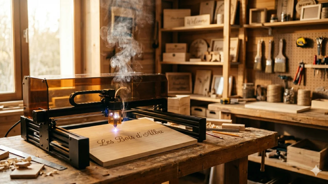 Machine de gravure laser gravant le texte Les Bois d'Alba sur une planche en bois clair, atelier artisanal français