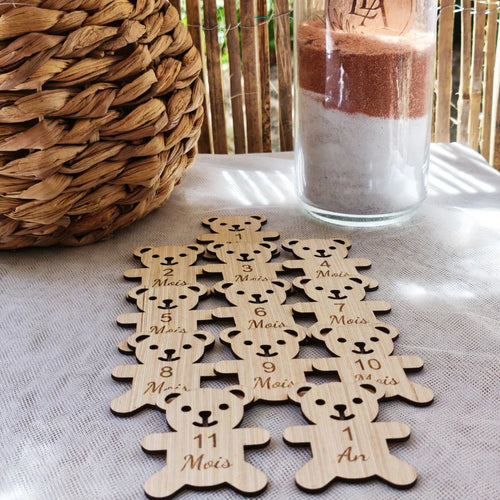 Lot de 12 jetons oursons en bois gravés au laser de 1 mois à 1 an, suivi 
photo bébé mensuel, cadeau naissance artisanal pour souvenir

