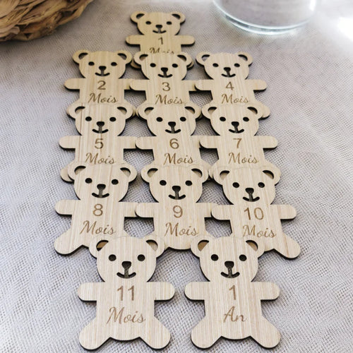Lot de 12 jetons oursons en bois gravés au laser de 1 mois à 1 an, suivi 
photo bébé mensuel, cadeau naissance artisanal pour album souvenir
