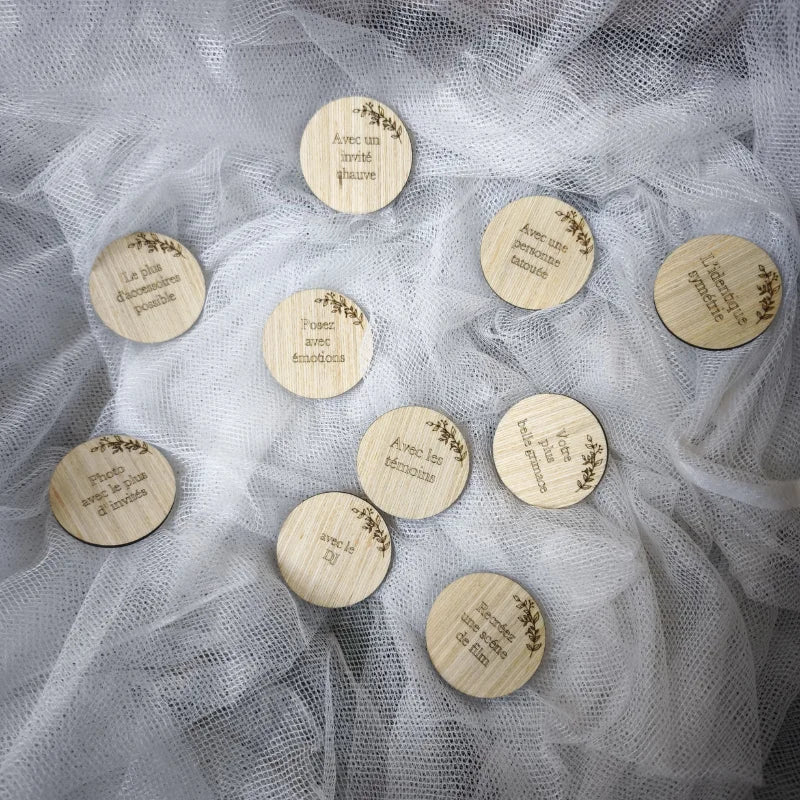 Lot de 10 Jetons défis Photo Booth en bois