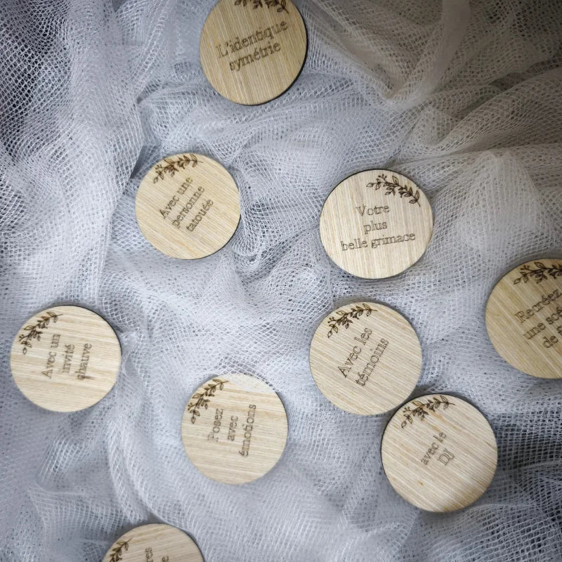 Lot de 10 Jetons défis Photo Booth en bois